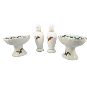 Lefton China Holly Salt Pepper Shakers and 2 Pedestal Candy Nut Dish Set